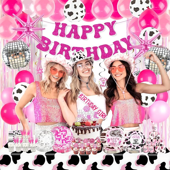 185Pcs Cowgirl Birthday Party Decorations Supplies - Includes 20 Guests Tableware Set and Birthday Banner Backdrop Foil Balloons Stand Cake Toppers for Western Disco Cowgirl Party Decor