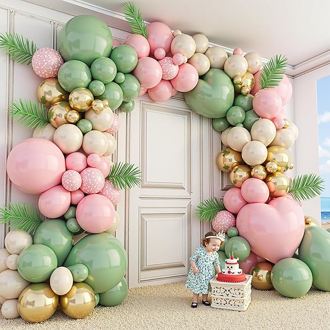 412Pcs Pink and Green Balloon Garland Arch Kit -Different Sizes 18 12 10 5inch Sage Green and Pink White Sand Gold Different Size Balloons for Girl Birthday Jungle Safari Woodland Party Decorations