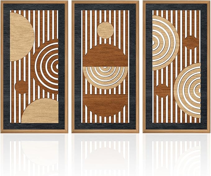 IARTTOP 3Pcs Mid Century Modern Wall Decor Framed Geometric Wood Wall Art Set Minimalist Abstract Line Panel Hanging Decor for Living Room Bedroom Office 8 x 16 Inch