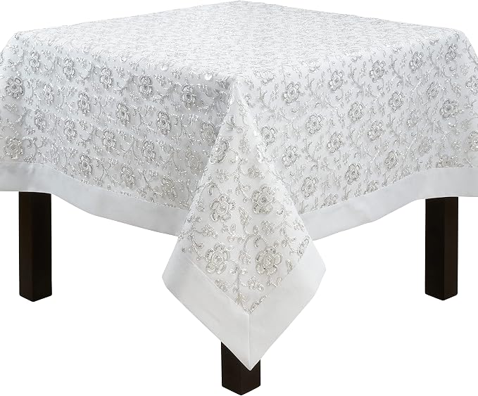 SARO LIFESTYLE Floral Embroidered Tablecloth, White, 65"