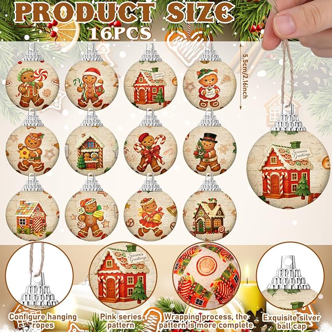 Outus 16 Pcs Christmas Tree Ball Ornaments Vintage Gingerbread Christmas Decorations for Tree Colorful Xmas Decorative Hanging Ornaments for Farmhouse Home Fireplace Decoration Holiday Party Favors