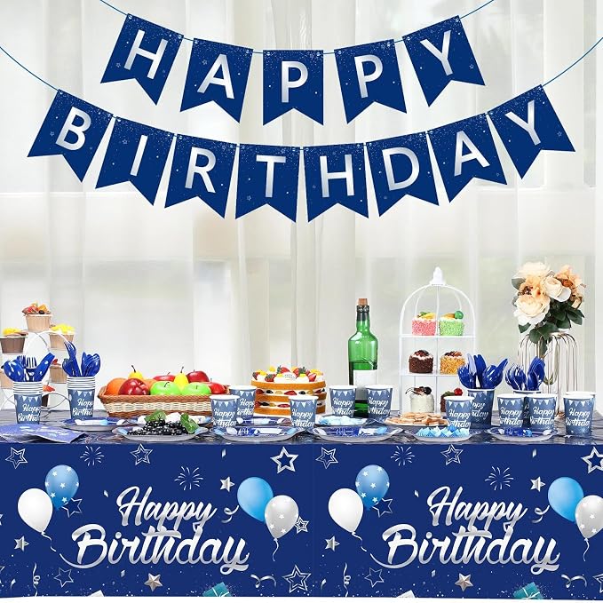 Pajean Blue and Silver Happy Birthday Party Tableware Set Navy Blue Birthday Decoration for Men Banner and Tablecloths Plates Cups Napkins Dinnerware for 24 Guests Party Supplies