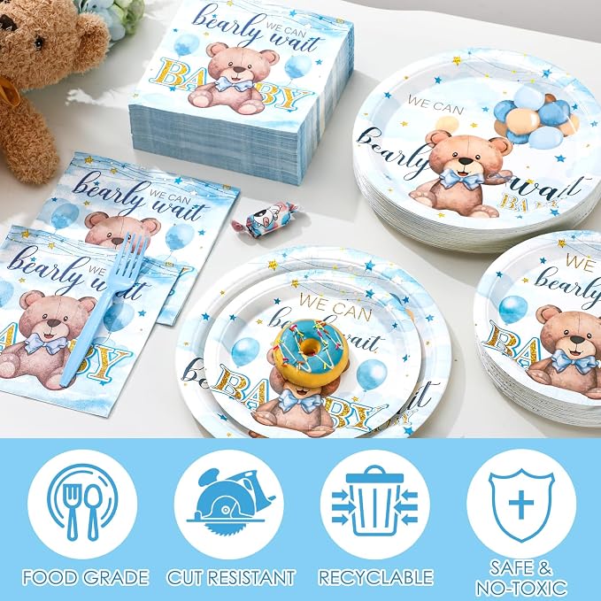 Havawish 250 Pcs Blue Bear Baby Shower Plates and Napkins Decoration We Can Bearly Wait Party Supplies Tableware Set Severs 50 Disposable Plates for Baby Boy Gender Reveal Party Supplies