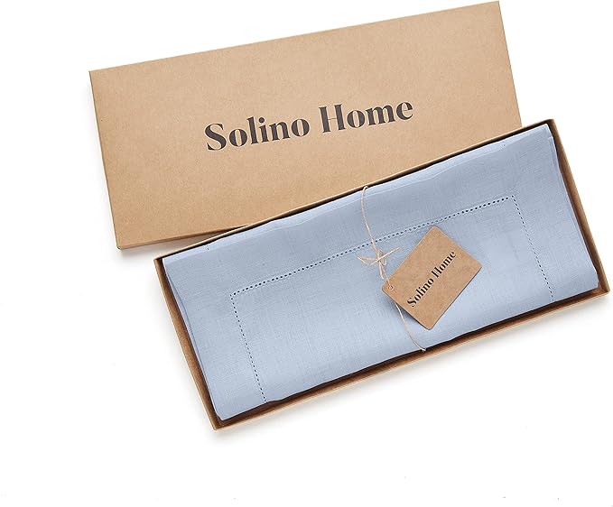 Solino Home Linen Sky Blue Table Runner 60 Inches - Classic Hemstitch, 100% Pure Linen Coffee Table Runner 14 x 60 Inch Ideal for Dresser Tables - Spring, Summer, Mothers Day