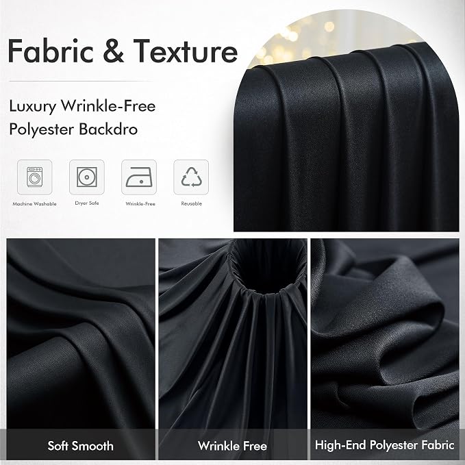 10ftx15ft Wrinkle Free Black Backdrop Curtain, 2 Panels 15FT Height Black Drapes for Wedding, Silky Polyester Polyester Back Drop Cloth Draping for Birthday Party Photography Background Party