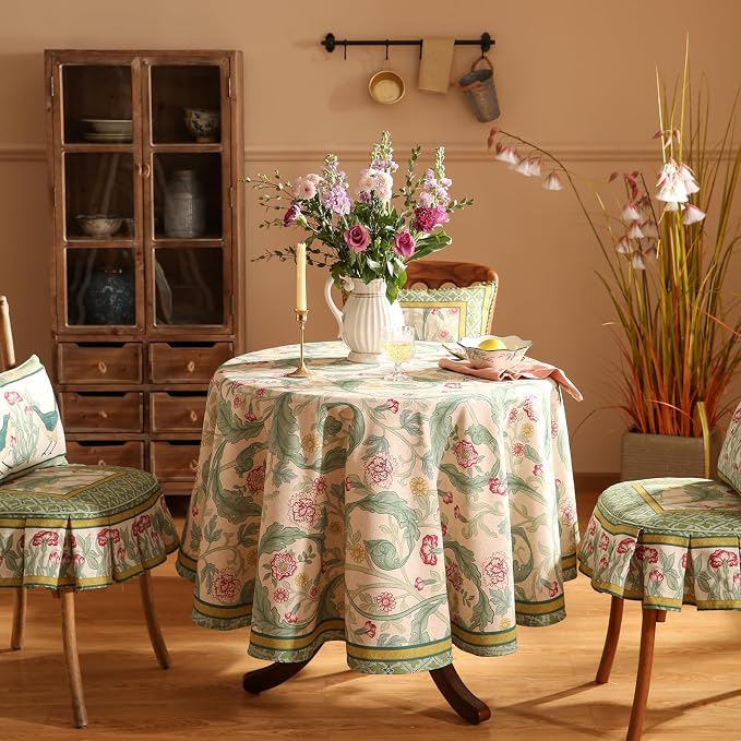 patdrea Vintage French Linen Tablecloth,Round,Diameter 67"-Cecilia A | Colorful Elegant Table Cloth for Round Table,Floral Vine Patterned,for Dining Room Tea Party Thanksgiving