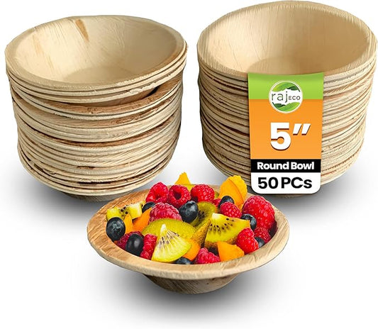 Raj Disposable Palm Leaf Bowls (50 Count, 5" Bowls) Strong Bowl Like Bamboo Party Bowl - Decorative Compostable Tableware for Lunch, Dinner, Birthday, Outdoor, BBQ, Picnic, Parties