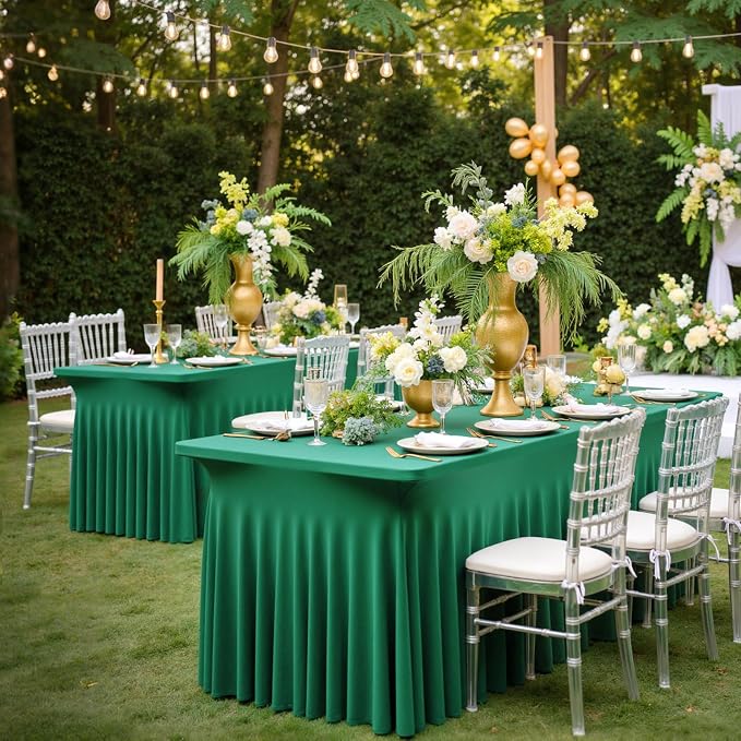 6 Pack Emerald Green Spandex Tablecloth for 6 Foot Rectangle Tables, Wrinkle Free Fitted Table Cloth Cover 6ft Green Stretchy Tablecloths with Skirt for Parties Weddings Birthday Banquet Baby Shower