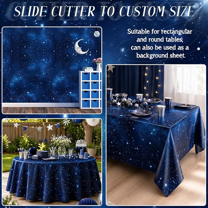 Hallswl 100ft x 54in Space Tablecloth Roll, Disposable Plastic Galaxy Table Cloth Blue Starry Sky Design Rectangle Table Covers for Kids Science Party, Birthday, Space Theme Party Decorations