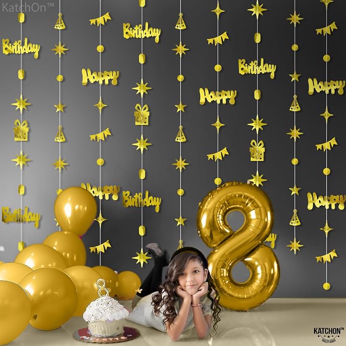 KatchOn, Gold Happy Birthday Garland Banner - 6.5 Feet, Pack of 8 No DIY | Gold Garland Birthday Decorations | Happy Bday Backdrop | Bday Decorations for Women