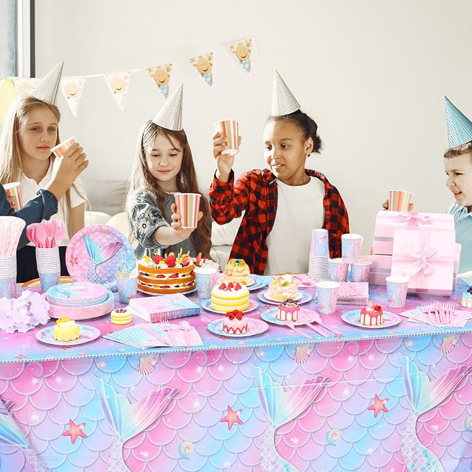 Funnymoom 452 Pcs Mermaid Party Decorations Include Sea Mermaid Paper Plates Napkins Cups Tablecloth Cutlery Straws Ocean Tableware for Baby Shower Birthday Party Supplies