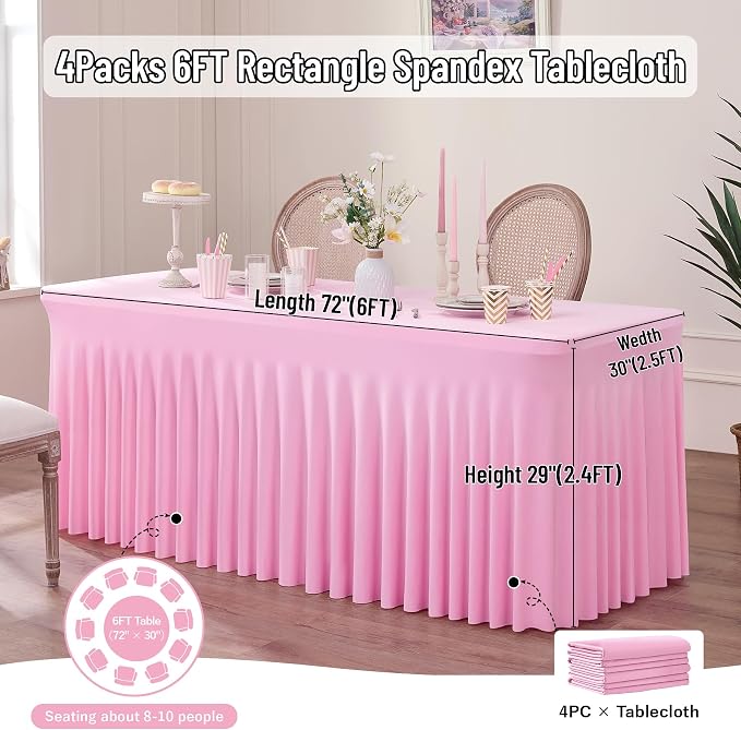 Outpain 6ft Spandex Table Cloth for Standard Folding Tables-4Pack Baby Pink Table Cloth Table Protector for Party, Wedding, Cocktail, Banquet, Festival
