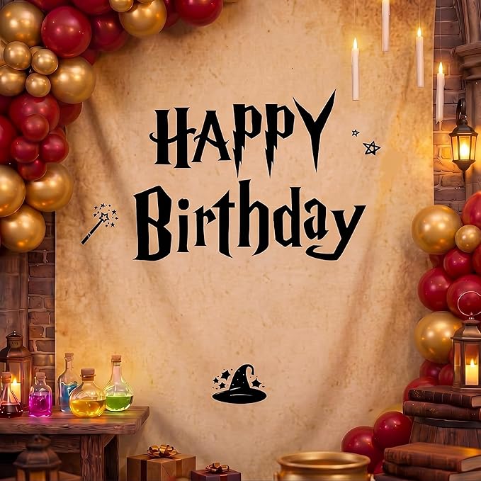Oudain 29 x 39 Inch Magic Wizard Happy Birthday Banner, Vintage Burlap Birthday Backdrop Party Decorations, Rustic Boho Photo Props Sign with Hanging String for Halloween Wizard Magical Party Supplies