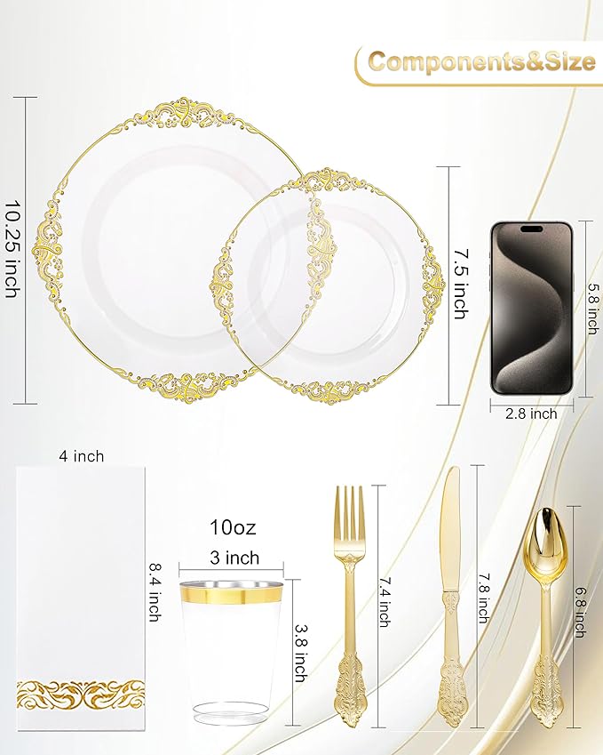 Nervure 175PCS Clear Gold Plastic Plates - Gold Disposable Dinnerware Set for 25 Guests Include 50 Disposable Plates, 75 Plastic Silverware, 25 Cups, 25 Napkins for Wedding & Party