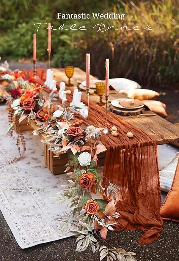 10 Pack Terracotta Cheesecloth Table Runner 17x108 Inch Semi Sheer Boho Gauze Cheese Cloth Table Runners, for Wedding Bridal Shower Birthday Party Home Decor Garden Farmhouse