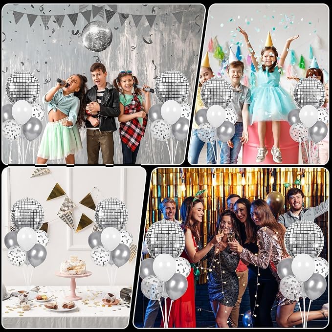 Disco Ball Party Balloons Stand Kit 2 Sets with 2 Silver 4D Discoball Foil Balloon Disco Ball Centerpiece for Tables 70s 80s 90s Dance Themed Birthday Graduation Decorations 2026 Prom Party Supplies