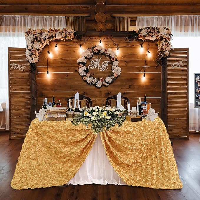 Fanqisi 3D Floral Satin Rectangular Tablecloth 90x132 Inches Gold Rosette Tablecloths for Wedding Party Baby Shower Dinner Table Top Decorations