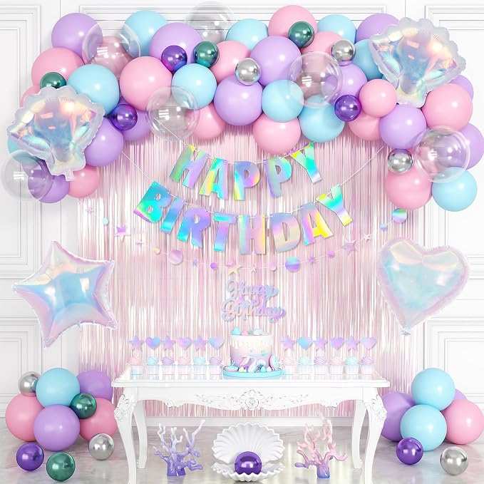 Mermaid Birthday Decorations for Girls Women, Iridescent Birthday Party Decorations, Happy birthday Banner, Pastel Balloons, Fringe Curtains, Star Garland, Cake Toppers for Under the Sea Party Decor