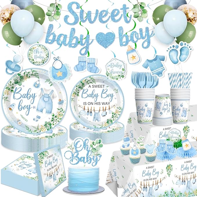 Xynic 201PCS Baby Shower Decorations Boy Tableware Set, 25 Serves Disposable Plates and Napkins Set, with 2pcs Tablecloth, Cake Topper, Banner, Balloons for Baby Boy Shower Decorations