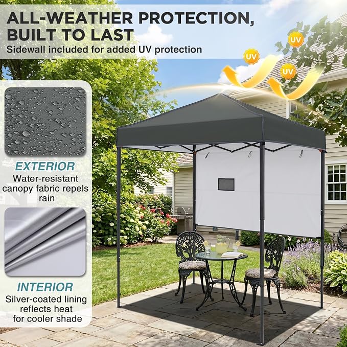 EAGLE PEAK 6x4 Instant Pop Up Canopy Tent with 1 Half Wall Panel, Straight Leg Sun Shelter, Portable Canopy with Carry Bag for Camping, Beach & Sports, Dark Gray