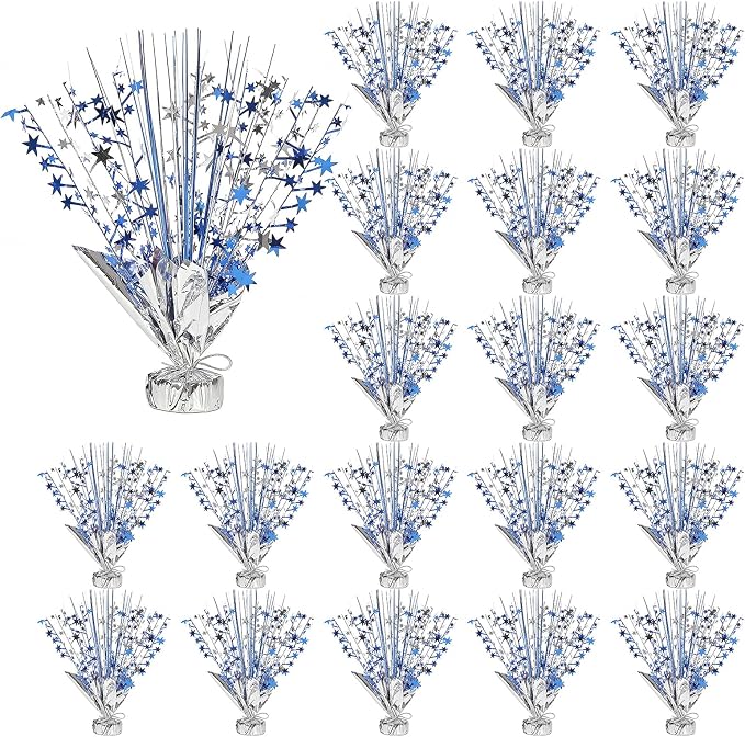 20 Pack Blue Silver Foil Spray Centerpiece Star Table Decoration Metallic Burst Table Centerpieces for Birthday Graduation New Year Wedding Anniversary Party Supply (Blue Silver)