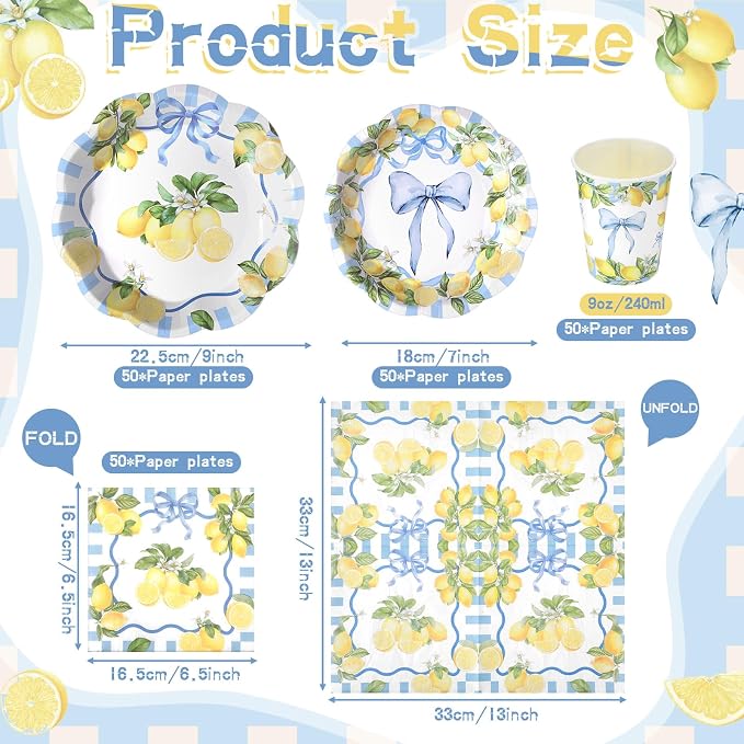 Newtay 250 Pcs Amalfi Lemon Party Plates and Napkins Blue Bow Lemon Theme Disposable Plates Bachelorette Birthday Tableware for 50 Guests for Wedding Bridal Shower Mediterranean Party Supplies