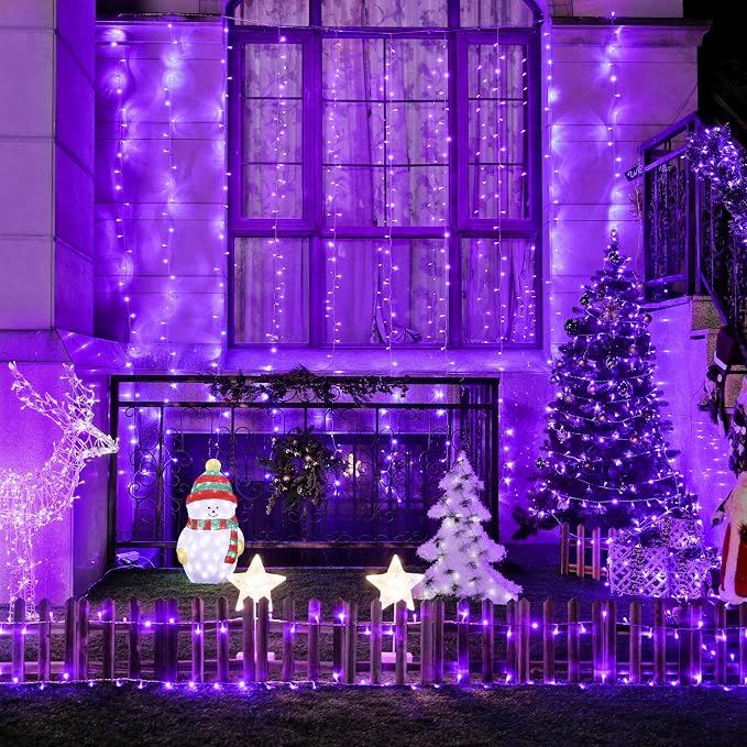 JMEXSUSS 300LED Purple Halloween Lights with Remote, 9.8x9.8ft Curtain Lights Plug in, 8 Modes Hanging String Lights for Indoor, Outdoor, Bedroom, Window, Party, Backdrop, Xmas, Halloween Decorations