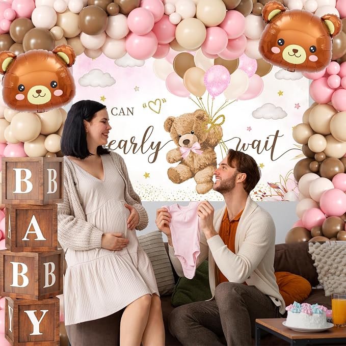 Pink Bear Baby Shower Decorations for Girl, 134pcs Bearly Wait Baby Shower Decorations with Pink Brown Balloon Arch Kit, Backdrop, Wood Grain Baby Boxes for Baby Girl Shower Decor