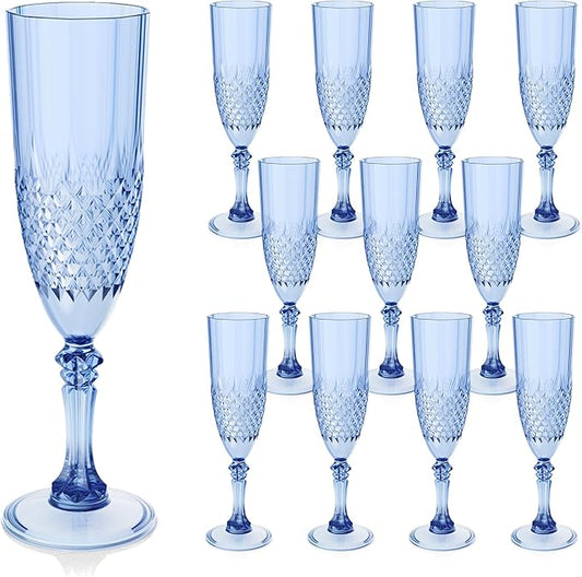 Plastic Champagne Flutes, Champagne Glasses Bulk, Reusable Unbreakable Acrylic Wine Glasses Goblets for Weddings Bachelor Parties Toasting Bridal Shower (12, Blue)
