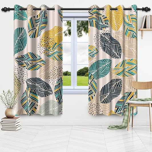 Vintage Boho Leaves Window Curtains Mid Century Leaves Modern Art Curtain Drapes Boho Beige Brown Kitchen Curtains Window Treatment Sets Living Room Bedroom Home Decor,42x84 inch,2 Panels