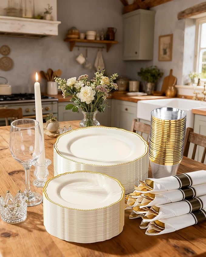 Hioasis 350pcs Ivory Gold Plastic Plates - Gold Plastic Dinnerware Set Includes 50 Dinner Plates, 50 Dessert Dinnerware, 50 Cups, 50 Napkins Perfect for Wedding & Party