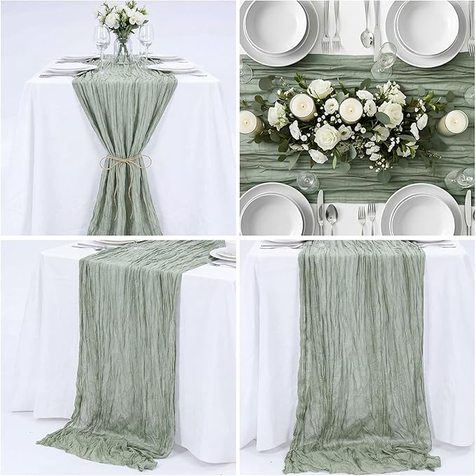 LemonRoad 4 Pcs 20ft Cheesecloth Table Runners Extra Long Boho Rustic Gauze Fabric Cheese Cloth Runner for Wedding Decorations Baby Shower Party Supplies Boho Table Bridal Shower Decor (Sage Green)