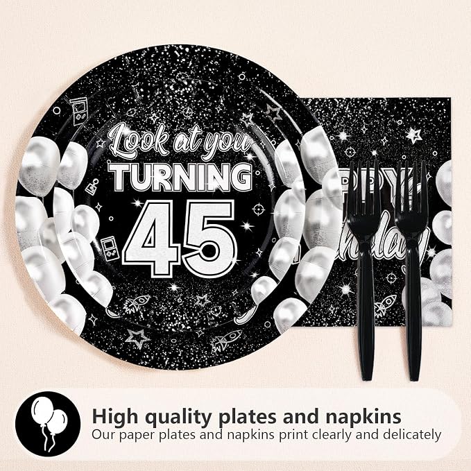 96Pcs 45th Birthday Decorations for Men 45th Paper Plates and Napkins Set It's My 45th Birthday Theme Decorations for Look at You Turning 45 Years Old Father Day Party Supplies Serves 24
