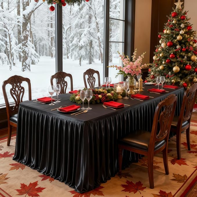 Wish Care 8 Pack Satin Table Cover Skirts for 6ft Rectangular Tables, Black Shimmer Silk Tablecloth with Floor Length Ruffle for Wedding Banquet Party Buffet Decoration