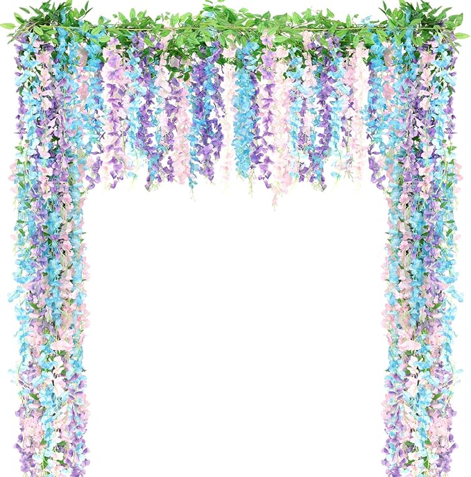 Thiccywoov 4pcs Wisteria Artificial Flowers Garland, 7.2Ft/Piece Wisteria Hanging Flowers Garland for Wedding Arch Decoration Outdoor Ceremony Home Backdrop Garden (Pink,Purple,Blue)