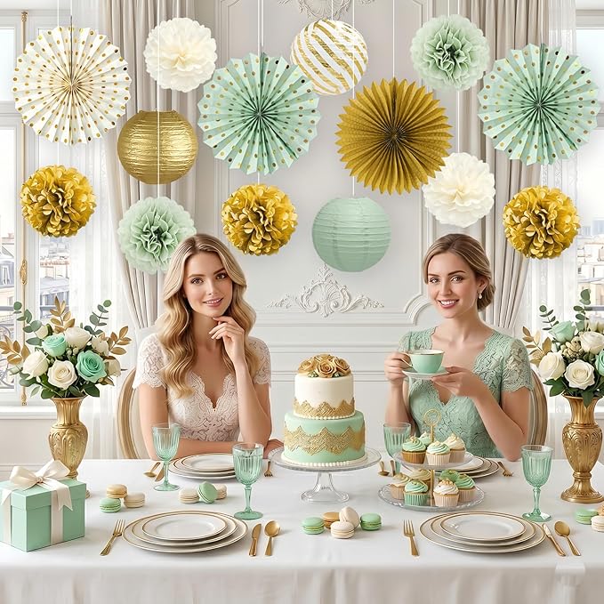 ADLKGG Sage Green Party Decorations, 14 Pcs Green and Gold Hanging Paper Fans, Lanterns, Pom Poms - Elegant Backdrop for Baby Shower, Bridal Shower, Birthday, Wedding, Engagement Party