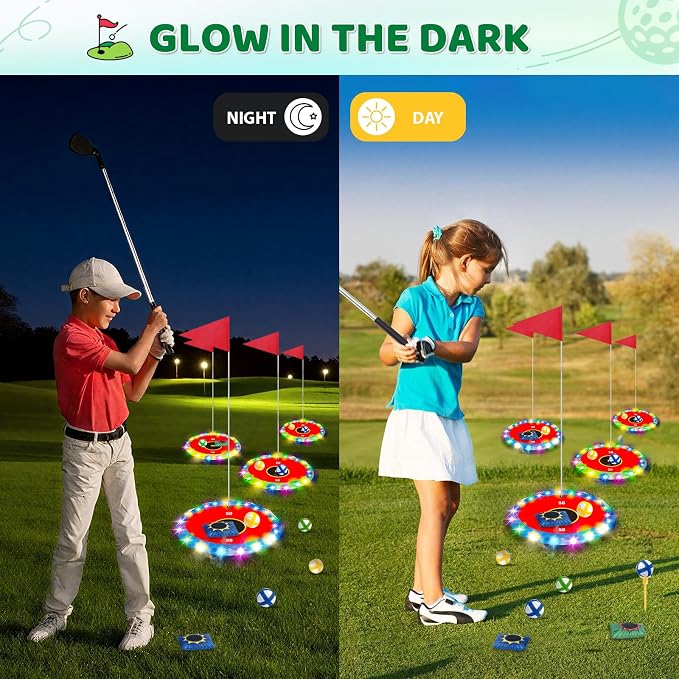 TERRAMUS Glow in the Dark Golf & Toss Game, 2 in 1 LED Target Set with 2 Clubs, 18 Balls, 6 Bean Bags, Outdoor Indoor Backyard Toy for Kids Ages 4 5 6 7 8, Birthday Gifts for Boys Girls