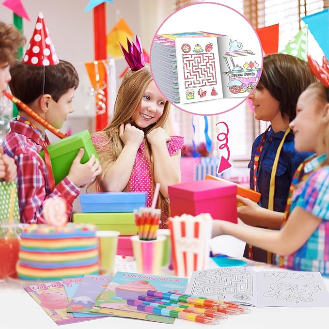 BenLouis 24 Sweet Mini Coloring Books Kids with 24 Stacking Crayons Candyland Donut Party Favors Activity Books Bulk for Kids Ice Cream Birthday Goodie Bag Gift Stuffer Classroom Reward