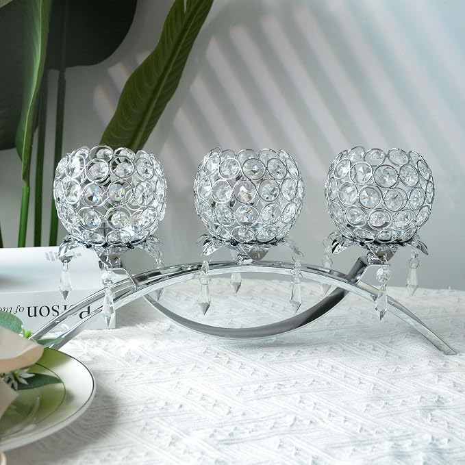 Crystal Tea Light Candlestick Holders Flower Shape with Crystal Pendant Bowl Votive Metal Candle Holder for Table Centerpieces Wedding Home Decor (Silver, 3 arm)
