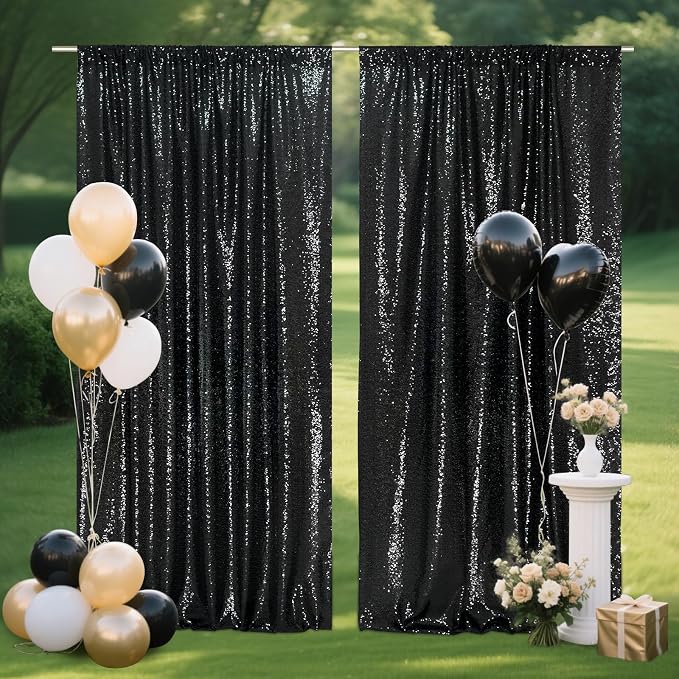 SquarePie 2 PCS 4x10ft Black Sequin Backdrop for Photography, Extra Long Satin-Backed Real Sequin Curtain, High-Density Shimmering Background with 4" Rod Pocket for Wedding Ceremony, 2 Panels
