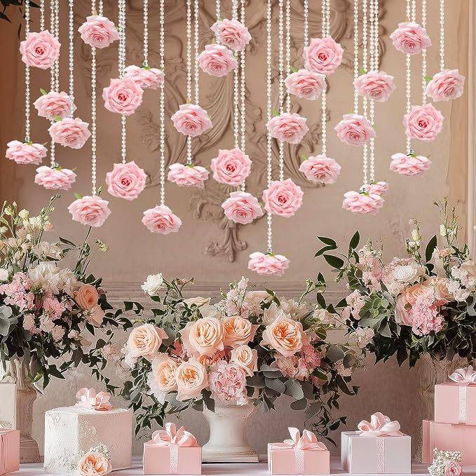 FYSUIMU 24Pcs 31.5 Inch Wedding Pink Artificial Rose Vine Garland Faux Flower Crystal Bead Hanging Garland for Valentine Birthday Wedding Party Decoration DIY Crafts Supplies