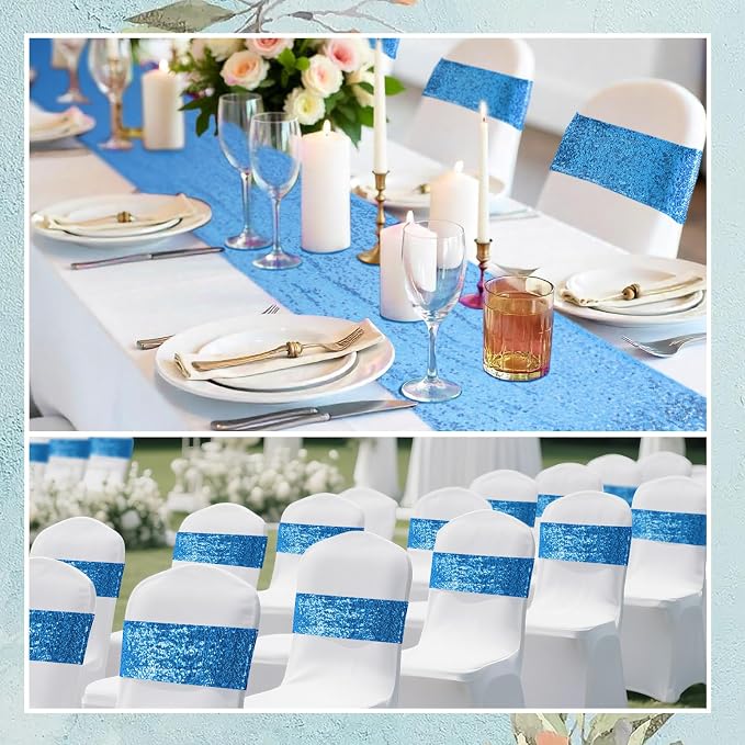 54 Pieces of Blue Sequin Chair Ribbons and Table Runners, 48 Sequin Chair Bows, 6 Glitter Table Runners, Suitable for Wedding Parties Birthday Meeting Events Decorations (Blue)