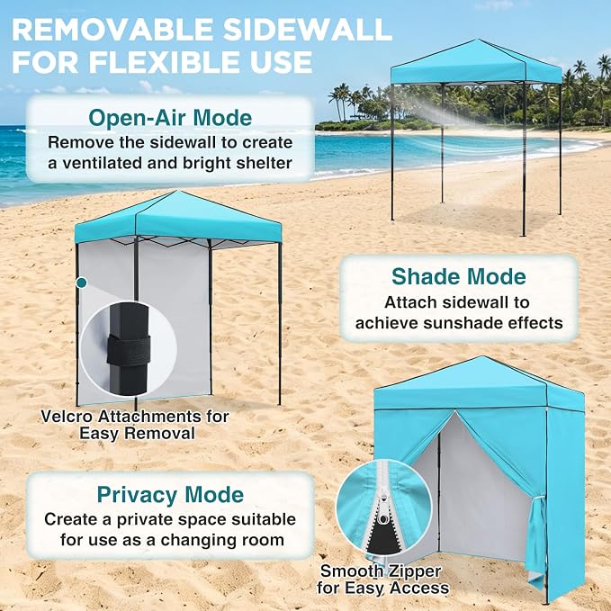 EAGLE PEAK 6x4 Instant Pop Up Canopy Tent with 4 Side Wall Panels, Straight Leg Sun Shelter, Portable Canopy with Carry Bag for Camping, Beach & Sports, Light Blue