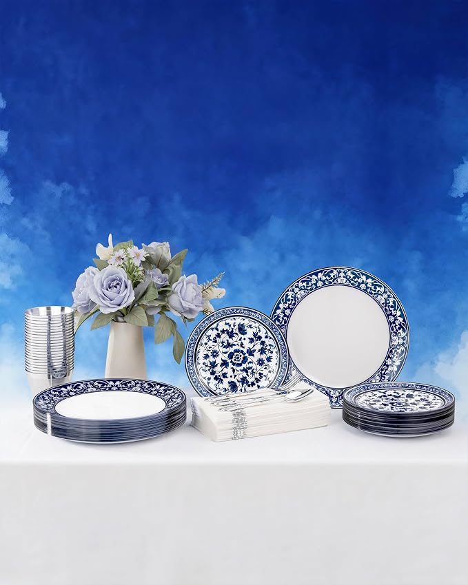 Hioasis 60pcs Blue Plastic Plates Set - Floral Blue & White Porcelain Design, 10.25" Dinner & 7.5" Dessert Plates Disposable for 4th ofJuly & Wedding (Dishwasher Safe, Art Style)