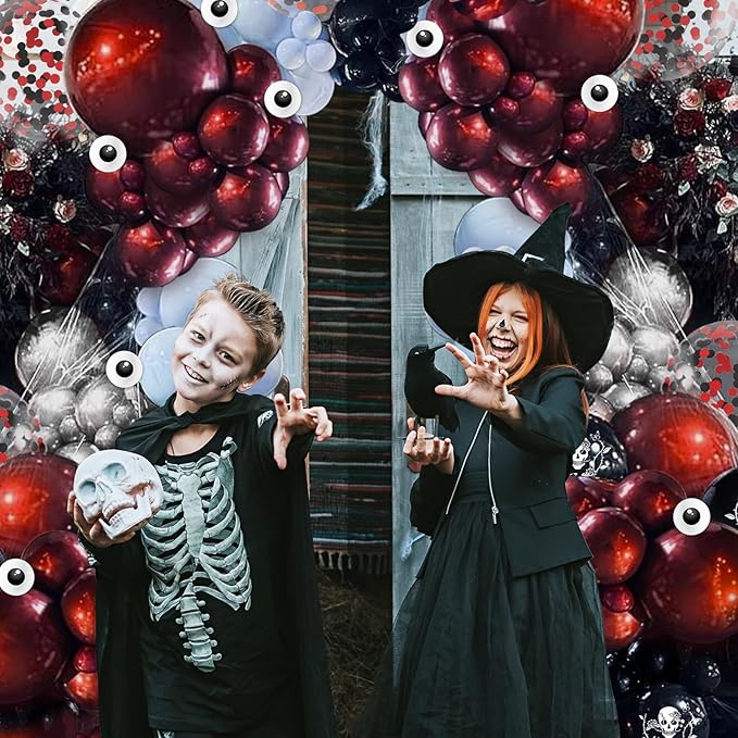 Halloween Balloon Garland Arch Kit, JZCZOEB 133Pcs Double Stuffed Red Black Blue Chrome Silver Balloons for Rose Skull Gothic Spooky Horror Theme Birthday Baby Shower Halloween Party Decorations