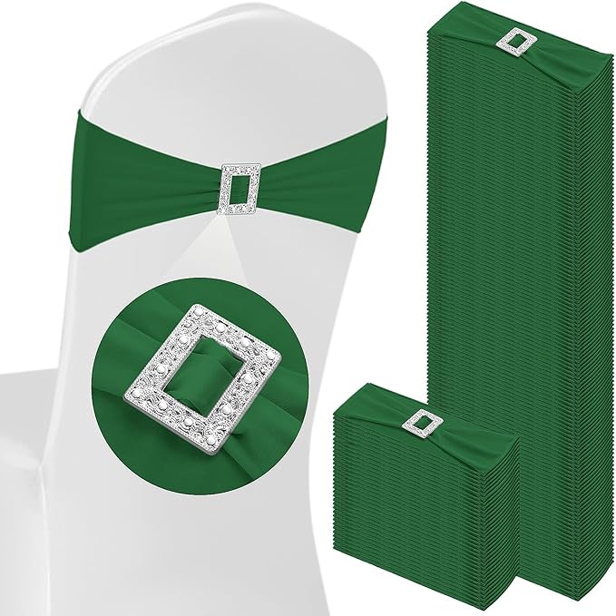 VitalCozy 100 Pcs Spandex Chair Sashes with Square Buckle Slider Stretch Chair Cover Band Universal Elastic Ties Straps Bows for Wedding Banquet Event Party Decoration (Green)