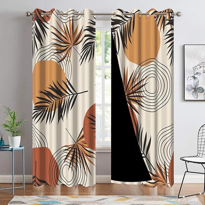 Mid Century Abstract Blackout Window Curtains Boho Sun Palm Leaves Modern Abstract Geometric Art Kitchen Curtains Boho Window Treatment Sets Living Room Bedroom Home Decor,21x45 inch,2 Panels