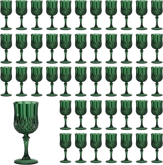 7OZ Plastic Wine Glasses, Reusable Vintage Goblets Unbreakable Drinking Glasses Crystal Water Cups Champagne for Wedding, Parties (48, Dark Green)