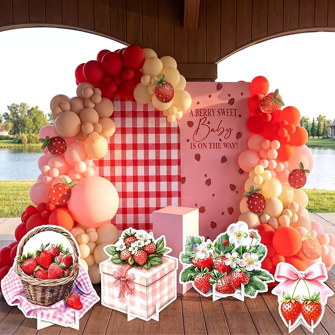 Honoson 4 Pcs Large 32" Strawberry Baby Shower Decorations Cardboard Cutouts, Berry First Birthday Decor Backdrop Photo Booth Props for a Berry Sweet Baby Is on The Way Theme Party Supplies
