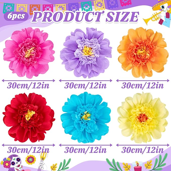 SUNBEAUTY Large Paper Flowers Giant Fiesta Tissue Paper Flowers Decorations for Wall 12 Inch Colorful Mexican Flowers for Summer Birthday Wedding Backdrop Bridal Shower Tropical Luau Carnival Party